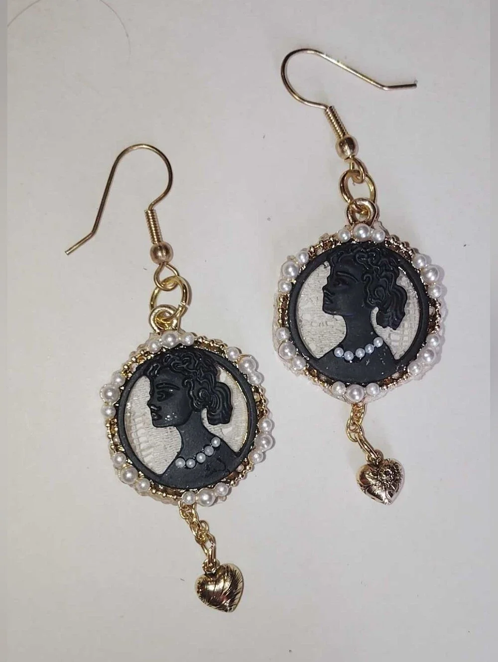Vintage-Inspired Black Cameo White Lace & Pearl Drop Earrings Gold Dangle Heart